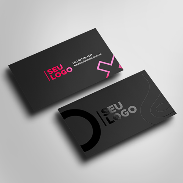 Mockup de cartoes de visita com acabamento escuro e detalhes graficos premium.